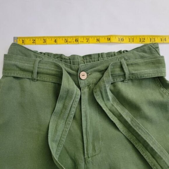 LOVE TREE Wide Leg Green Linen Pants Size Small high-rise belted Straight Pants - Picture 7 of 11